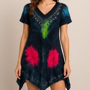 Shubham Boho Tie Dye Y2K Dress Unisize Embroidered Artsy Hippie Beach Resortwear